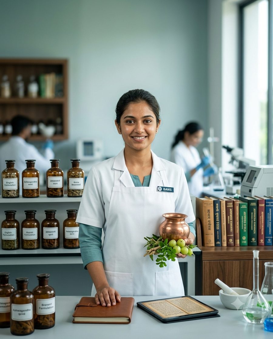 BAMS student with Ayurvedic formulations