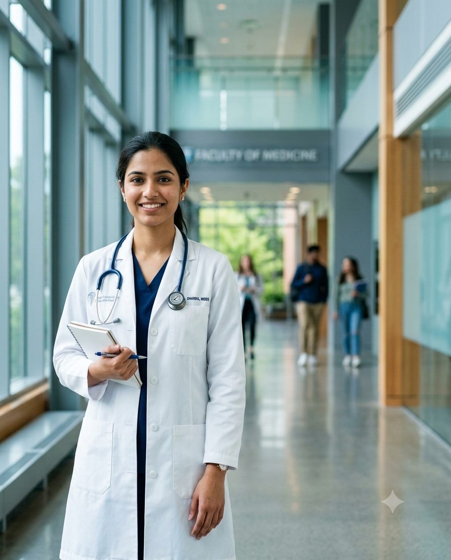 MBBS student in a hospital corridor
